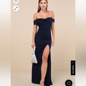UNWORN LULUS Elegant Perception Navy Blue Off-the-Shoulder Bow Maxi Dress